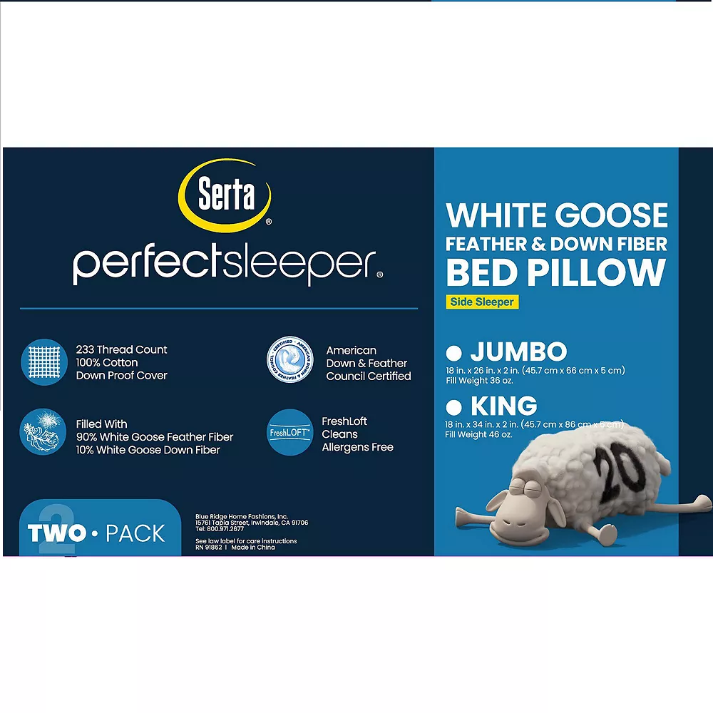 Serta® 2-pack White Goose Feather Side Sleeper Pillows - Image 3